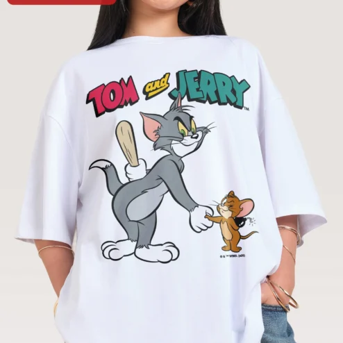 Close-up of Tom and Jerry Tee Vintage Cartoon Double Trouble Duo Oversized Black T-Shirt for Adults for streetwear fans in Chicago, Illinois