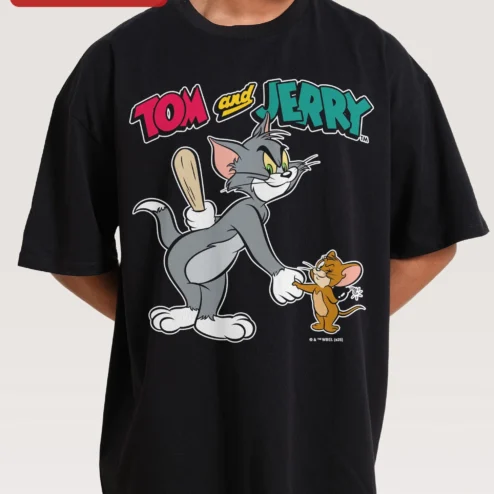 Tom and Jerry Tee Vintage Cartoon Double Trouble Duo Oversized Black T-Shirt for Adults