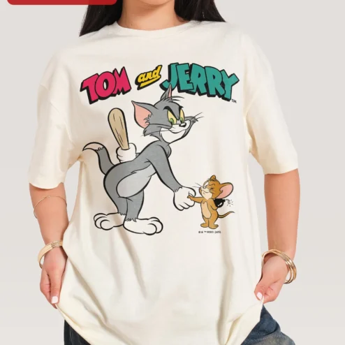 Tom and Jerry Tee Vintage Cartoon Graphic T-Shirt for Men Women Retro Animation Apparel on a hanger, ready to ship from Chicago, Illinois