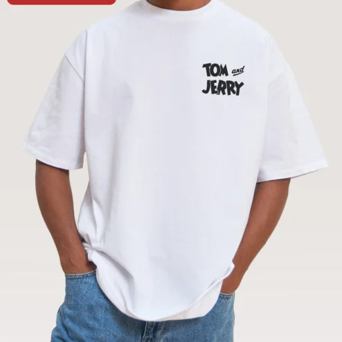 Customer in Chicago, Illinois wearing Tom and Jerry Tee Vintage Cartoon Graphic T-Shirt Retro Minimalist Streetwear for Women Men