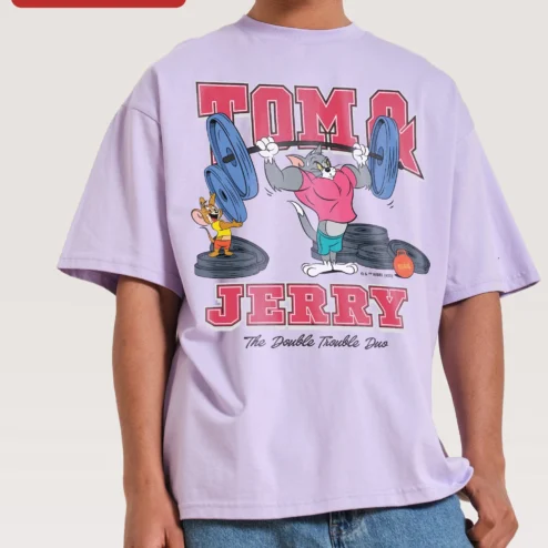 Tom and Jerry The Double Trouble Duo Graphic Tee Retro Cartoon Bodybuilder Shirt on a hanger, ready to ship from Chicago, Illinois