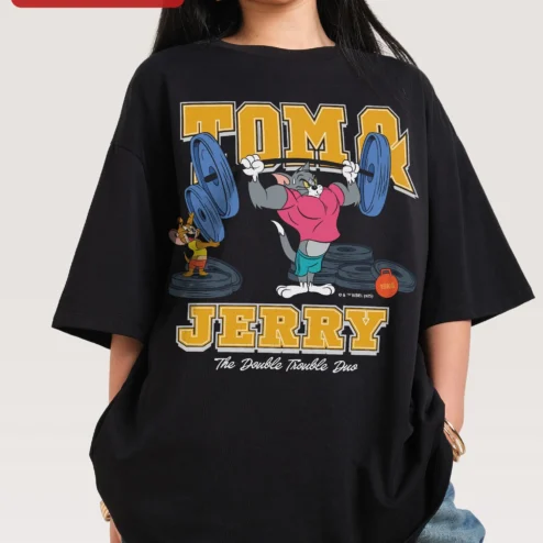 Tom and Jerry The Double Trouble Duo Graphic Tee Retro Cartoon Bodybuilder Shirt
