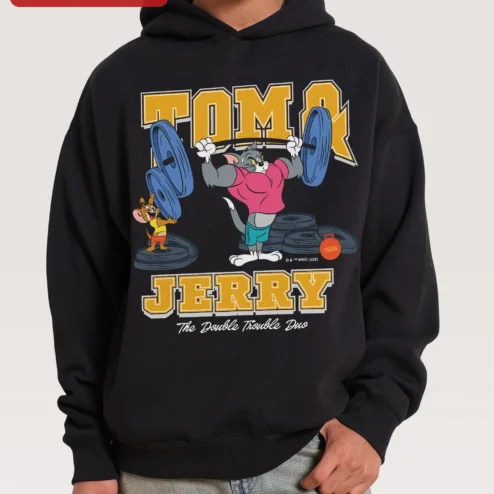 Tom and Jerry The Double Trouble Duo Hoodie Retro Cartoon Gym Merch Gift for Fans on a hanger, ready to ship from Chicago, Illinois