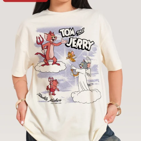 Tom and Jerry Trouble Makers Angel Devil Graphic Tee Retro Cartoon Gift