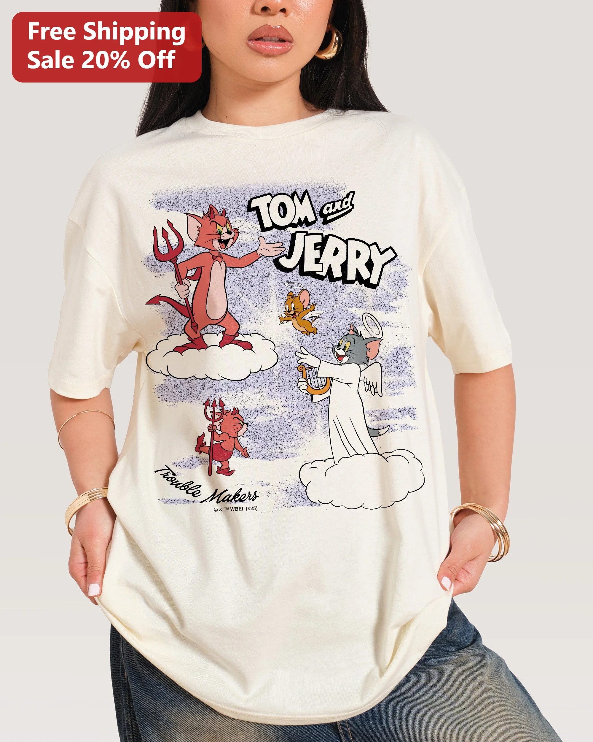 Tom and Jerry Trouble Makers Angel Devil Graphic Tee Retro Cartoon Gift