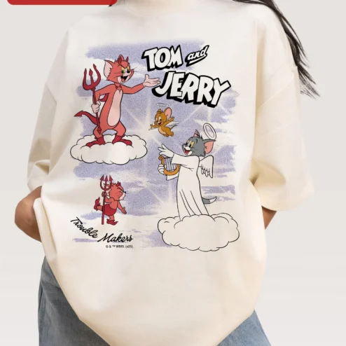 Tom and Jerry Trouble Makers Oversized Graphic Tee Retro Cartoon Angel Devil Shirt