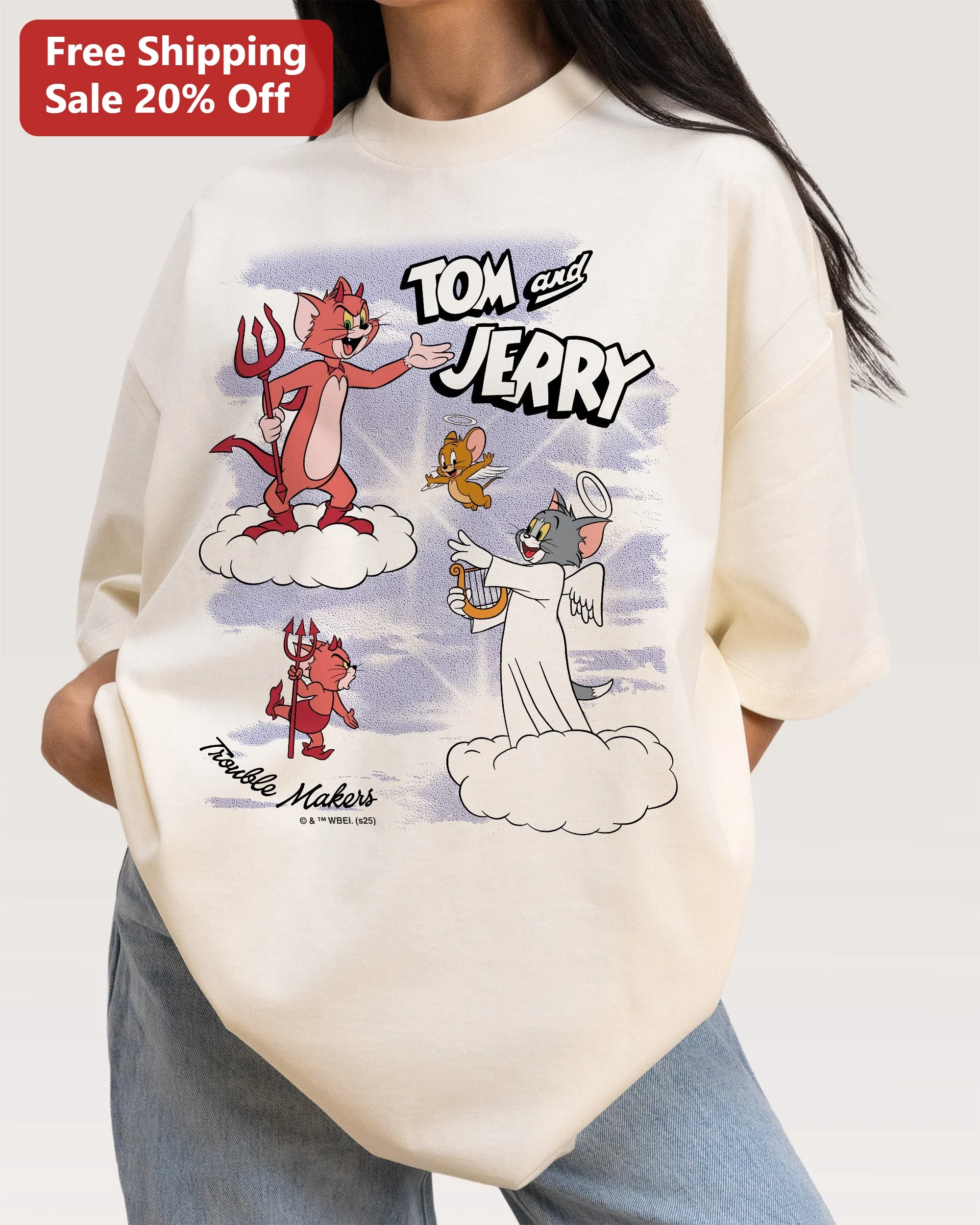 Tom and Jerry Trouble Makers Oversized Graphic Tee Retro Cartoon Angel Devil Shirt