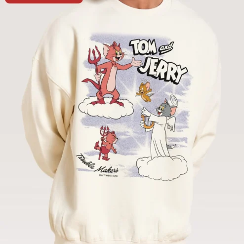 Tom and Jerry Trouble Makers Sweatshirt Vintage Cartoon Angel Devil Crewneck Gift for Fans