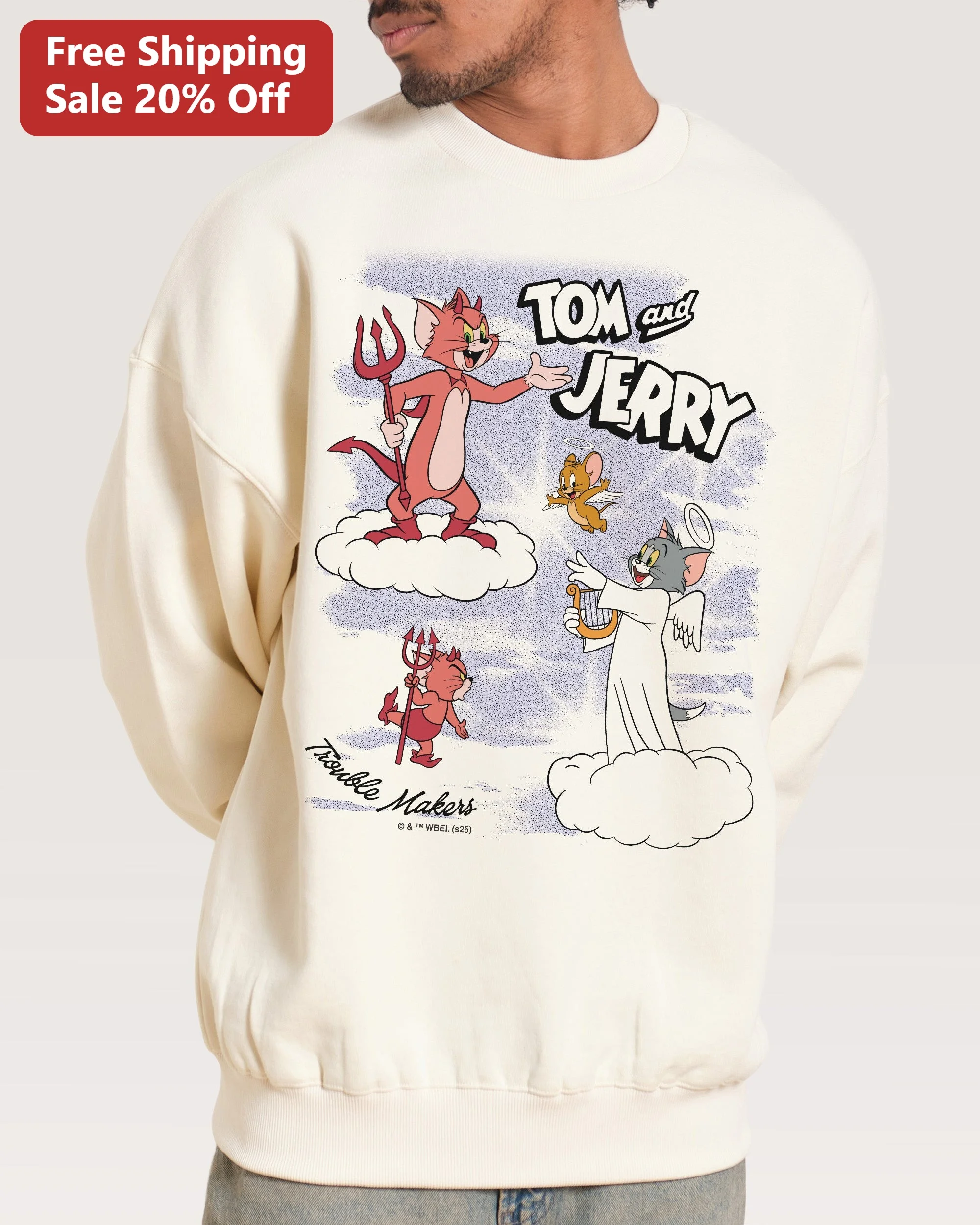 Tom and Jerry Trouble Makers Sweatshirt Vintage Cartoon Angel Devil Crewneck Gift for Fans