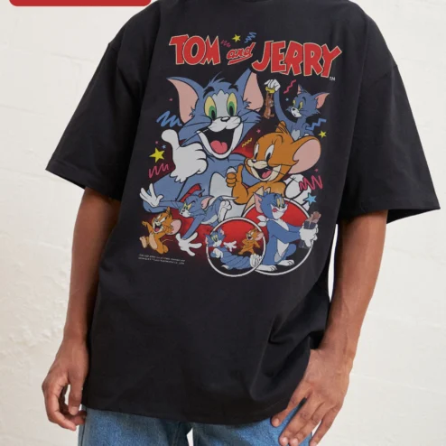 Tom and Jerry Vintage Oversized Tee Classic Cartoon Graphic Shirt for Adults Men