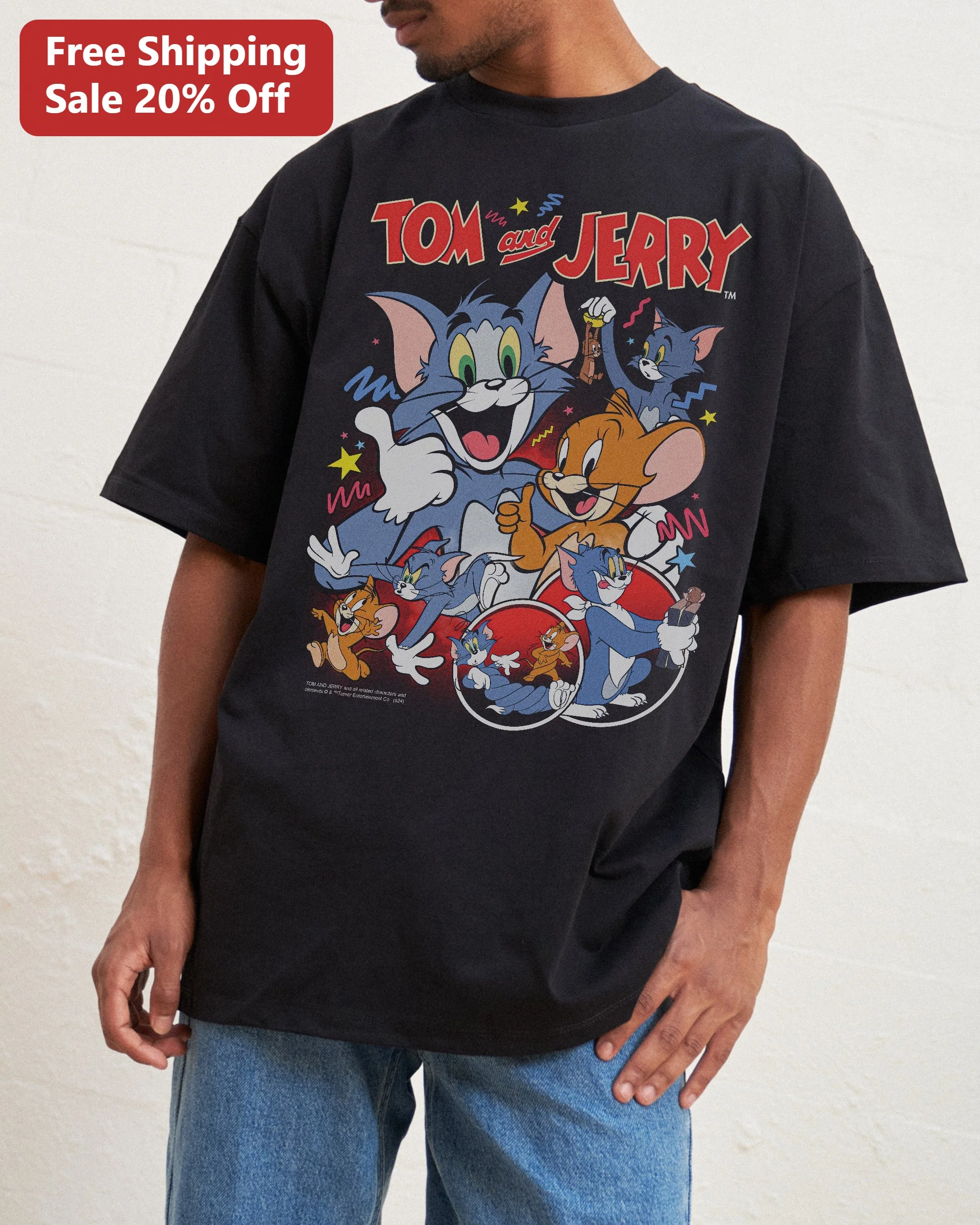 Tom and Jerry Vintage Oversized Tee Classic Cartoon Graphic Shirt for Adults Men
