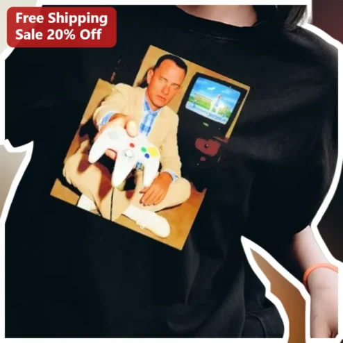 Tom Hanks Forrest Gump Gamer Tee Black Cotton Graphic T-Shirt for Men