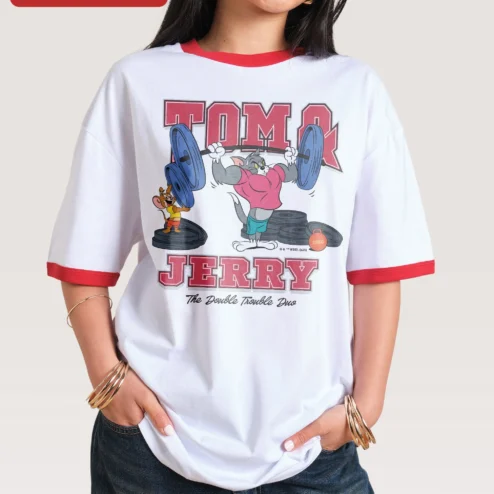 Tom Jerry The Double Trouble Duo Gym Workout Graphic Tee on a hanger, ready to ship from Chicago, Illinois