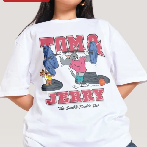 Customer in Chicago, Illinois wearing Tom Jerry The Double Trouble Duo Gym Workout Graphic Tee