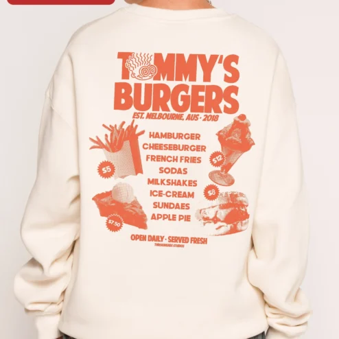 TOMMY'S BUDGERS Retro Burger Graphic Sweatshirt Original Tommy's Style Crewneck Gift for Foodies on a hanger, ready to ship from Chicago, Illinois