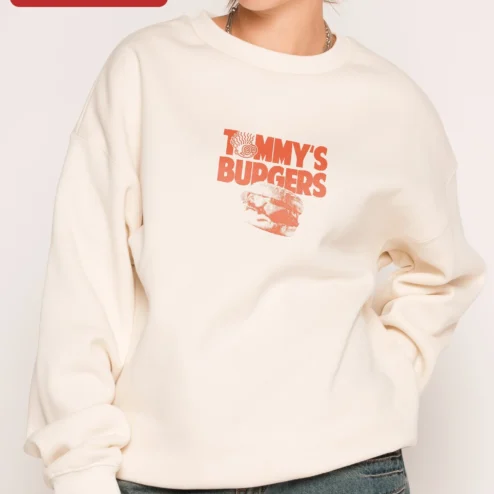 Customer in Chicago, Illinois wearing TOMMY'S BUDGERS Retro Burger Graphic Sweatshirt Original Tommy's Style Crewneck Gift for Foodies
