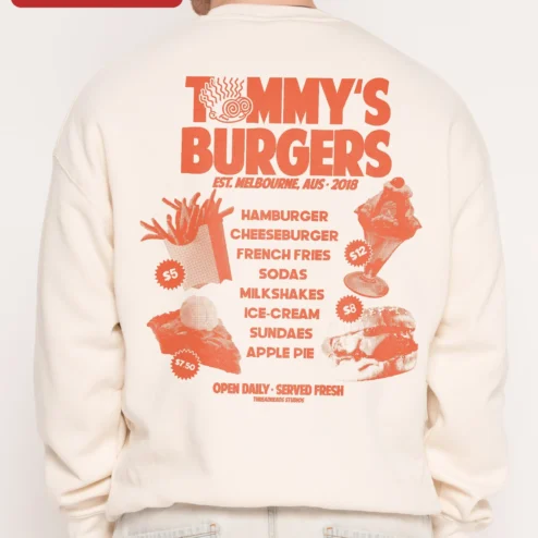 Close-up of TOMMY'S BUDGERS Retro Burger Graphic Sweatshirt Original Tommy's Style Crewneck Gift for Foodies for streetwear fans in Chicago, Illinois