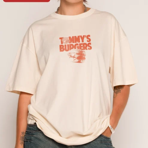 Tommy's Burger Tee Retro Diner Graphic T-Shirt for Foodies and LA Burger Lovers on a hanger, ready to ship from Chicago, Illinois