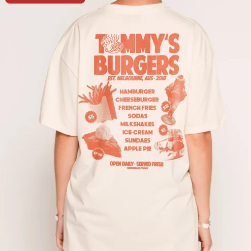 Customer in Chicago, Illinois wearing Tommy's Burger Tee Retro Diner Graphic T-Shirt for Foodies and LA Burger Lovers