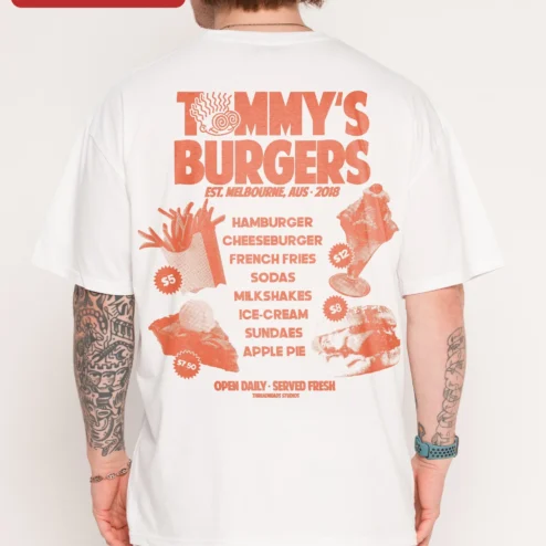 Close-up of Tommy's Burger Tee Retro Diner Graphic T-Shirt for Foodies and LA Burger Lovers for streetwear fans in Chicago, Illinois