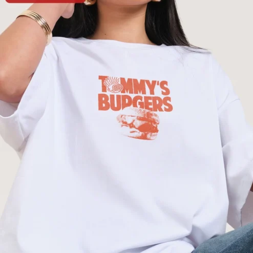 TOMMY'S BURGER Tee Retro Vintage Fast Food Graphic Shirt for Men Women on a hanger, ready to ship from Chicago, Illinois