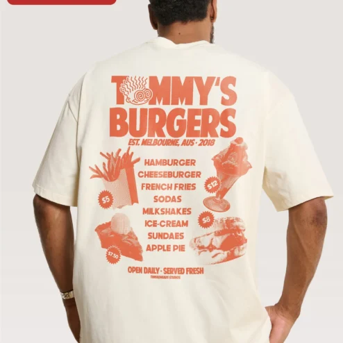 Customer in Chicago, Illinois wearing TOMMY'S BURGER Tee Retro Vintage Fast Food Graphic Shirt for Men Women
