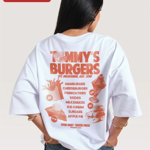 Close-up of TOMMY'S BURGER Tee Retro Vintage Fast Food Graphic Shirt for Men Women for streetwear fans in Chicago, Illinois