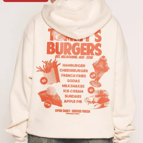 Tommy's Burgers Hoodie Retro Diner Graphic Sweatshirt for Men Women Fall Winter Gift on a hanger, ready to ship from Chicago, Illinois