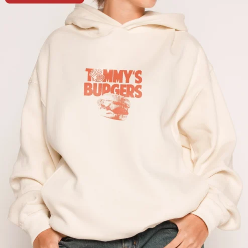 Customer in Chicago, Illinois wearing Tommy's Burgers Hoodie Retro Diner Graphic Sweatshirt for Men Women Fall Winter Gift