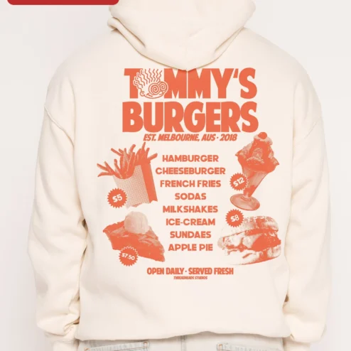 Close-up of Tommy's Burgers Hoodie Retro Diner Graphic Sweatshirt for Men Women Fall Winter Gift for streetwear fans in Chicago, Illinois