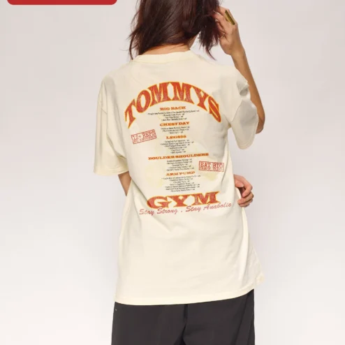 TOMMYS GYM Stay Strong Stay Anabolic Tee Retro Bodybuilding Gym Apparel on a hanger, ready to ship from Chicago, Illinois