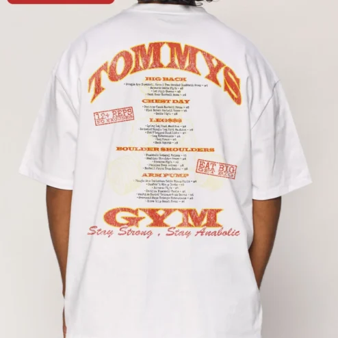 Customer in Chicago, Illinois wearing TOMMYS GYM Workout With An Attitude Melbourne Australia Retro Distressed Graphic Tee