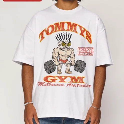 TOMMYS GYM Workout With An Attitude Melbourne Australia Retro Distressed Graphic Tee