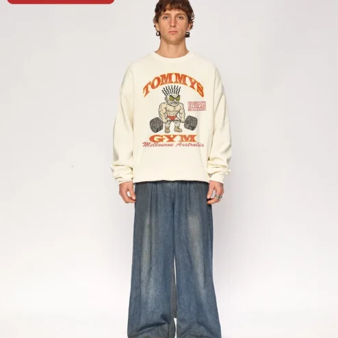 TOMMYS GYM Workout With An Attitude Retro Bodybuilder Crewneck Sweatshirt