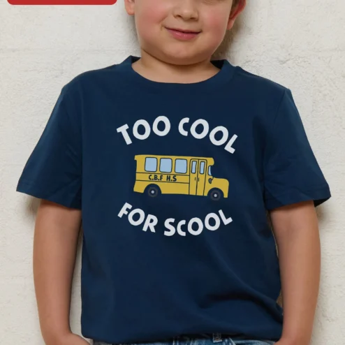 Too Cool For Scool Tee Back To School Graphic Shirt For Kids on a hanger, ready to ship from Chicago, Illinois