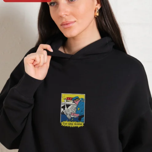 Customer in Chicago, Illinois wearing Too Silly Goose Hoodie Funny Comic Style Sweatshirt Gift for Men Women