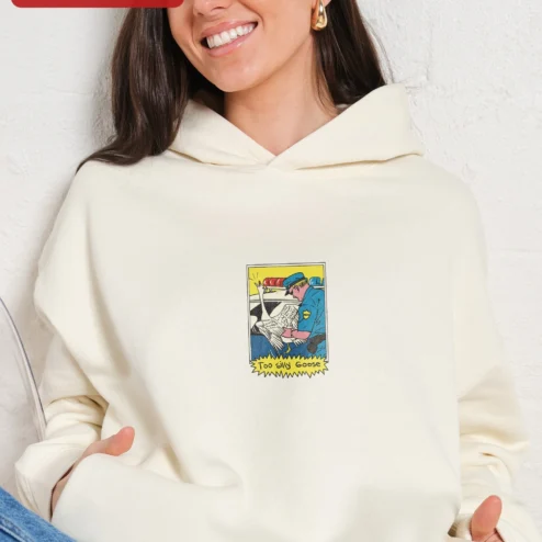Close-up of Too Silly Goose Hoodie Funny Comic Style Sweatshirt Gift for Men Women for streetwear fans in Chicago, Illinois