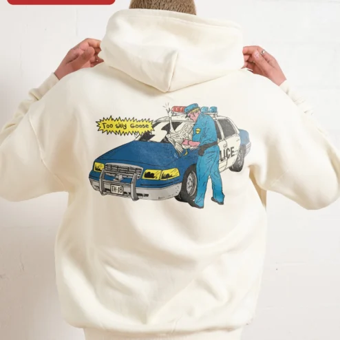 Close-up of Too Silly Goose Hoodie Funny Comic Style Sweatshirt Gift for Men Women for streetwear fans in Chicago, Illinois