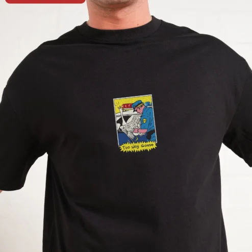 Too Silly Goose Tee Funny Comic Book Style Graphic Shirt for Goose Lovers on a hanger, ready to ship from Chicago, Illinois