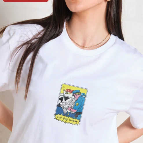 Customer in Chicago, Illinois wearing Too Silly Goose Tee Funny Comic Book Style Graphic Shirt for Goose Lovers