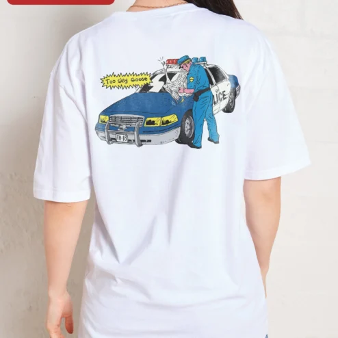 Close-up of Too Silly Goose Tee Funny Comic Book Style Graphic Shirt for Goose Lovers for streetwear fans in Chicago, Illinois
