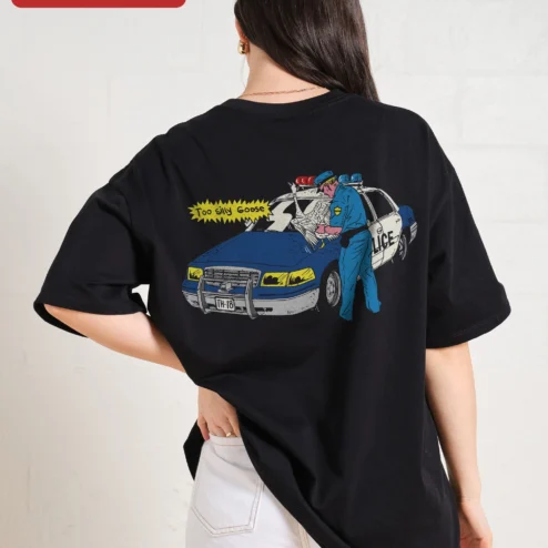 Customer in Chicago, Illinois wearing Too Silly Goose Tee Funny Police Pun Graphic Shirt for Men and Women Novelty Animal Lover Gift