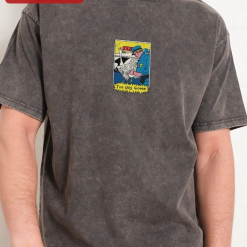 Close-up of Too Silly Goose Tee Funny Pun Graphic Shirt for Men Women Gift for streetwear fans in Chicago, Illinois