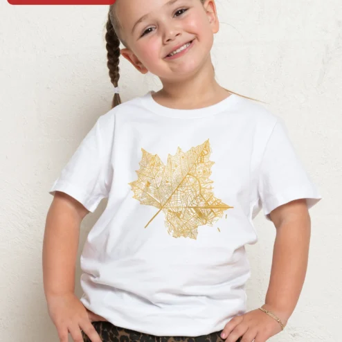 Toronto Maple Leaf Map Art Tee Kids Black Gold City Street Graphic Shirt on a hanger, ready to ship from Chicago, Illinois