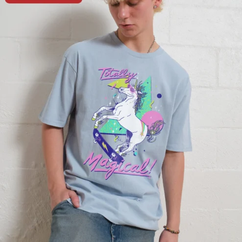 Totally Magical! Unicorn Skateboard Tee Retro Vaporwave Fantasy Shirt for Kids Teens on a hanger, ready to ship from Chicago, Illinois