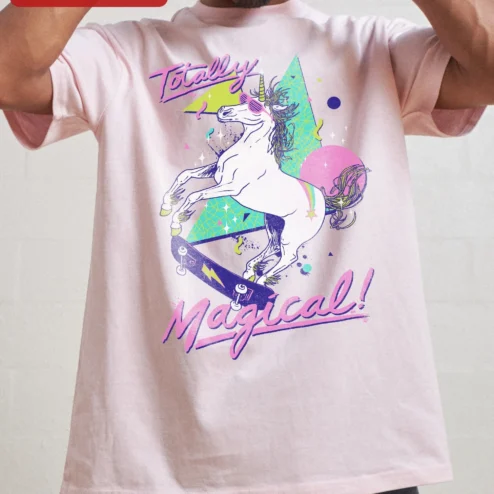 Customer in Chicago, Illinois wearing Totally Magical! Unicorn Skateboard Tee Retro Vaporwave Fantasy Shirt for Kids Teens