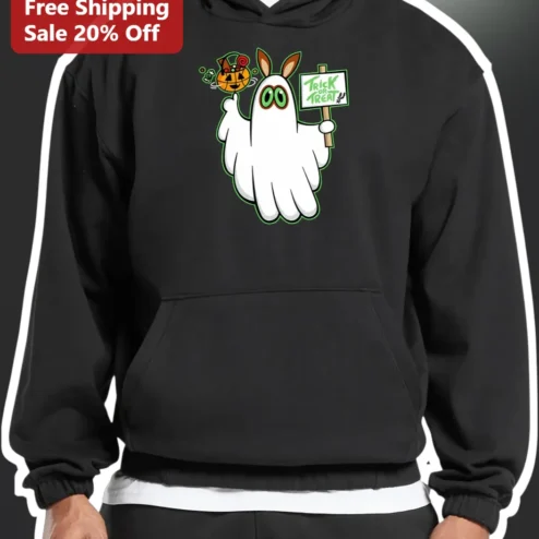 Trick or Treat Hoodie Cute Cartoon Ghost Halloween Apparel Unisex Pullover