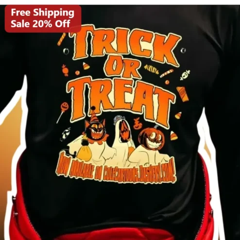Trick or Treat Long Sleeve Shirt Halloween Ghost Pumpkin Cartoon Design Spooky Costume Apparel for Kids Adults
