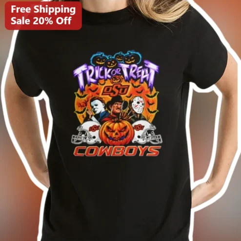 Trick Or Treat OSU Cowboys Halloween Graphic Tee Michael Myers Freddy Krueger Jason Voorhees Horror Movie Villains Oklahoma State University Fan Gear