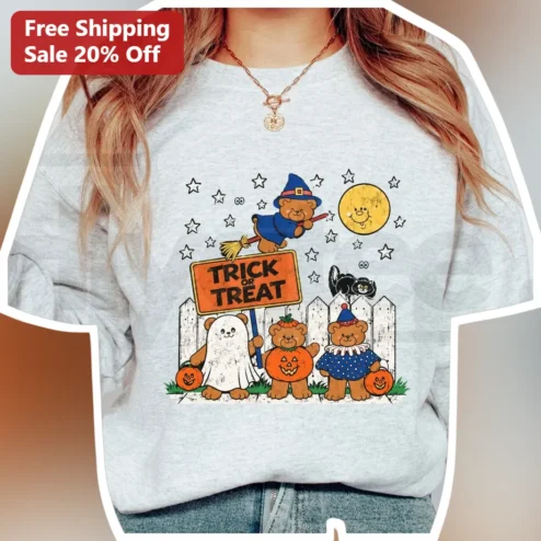 TRICK OR TREAT Sweatshirt Retro Cute Bear Halloween Crewneck Graphic